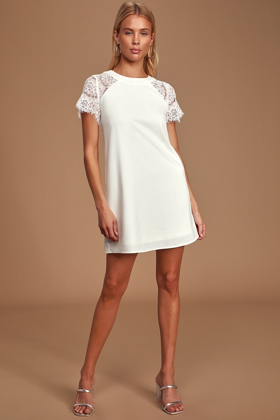 White Lace Shift Dress with Sleeves